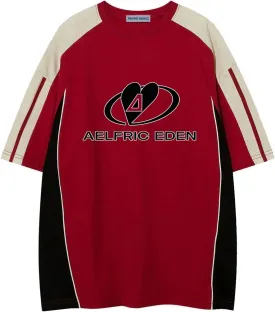 Aelfric Eden Oversized Graphic Tees Men Contrast Color Speedway Racing Tee Unisex Streetwear Tshirt Patchwork Polo Tee