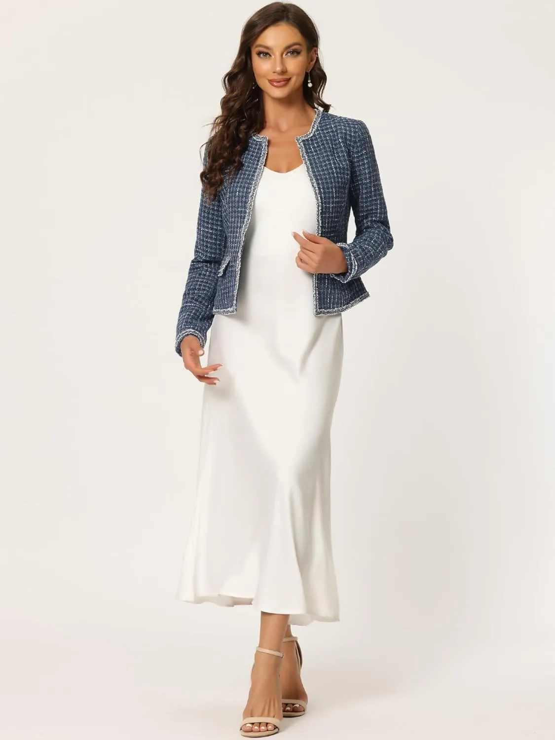 Allegra K Women's Christmas Plaid Tweed Blazer Long Sleeve Open Front Work Office Short Jacket