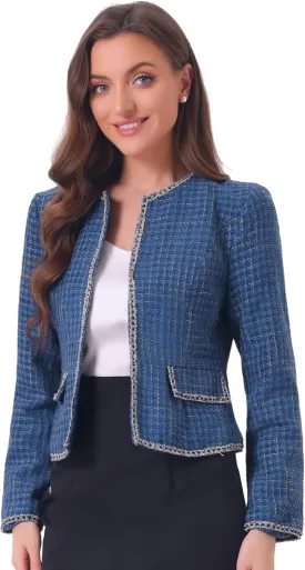 Allegra K Women's Christmas Plaid Tweed Blazer Long Sleeve Open Front Work Office Short Jacket
