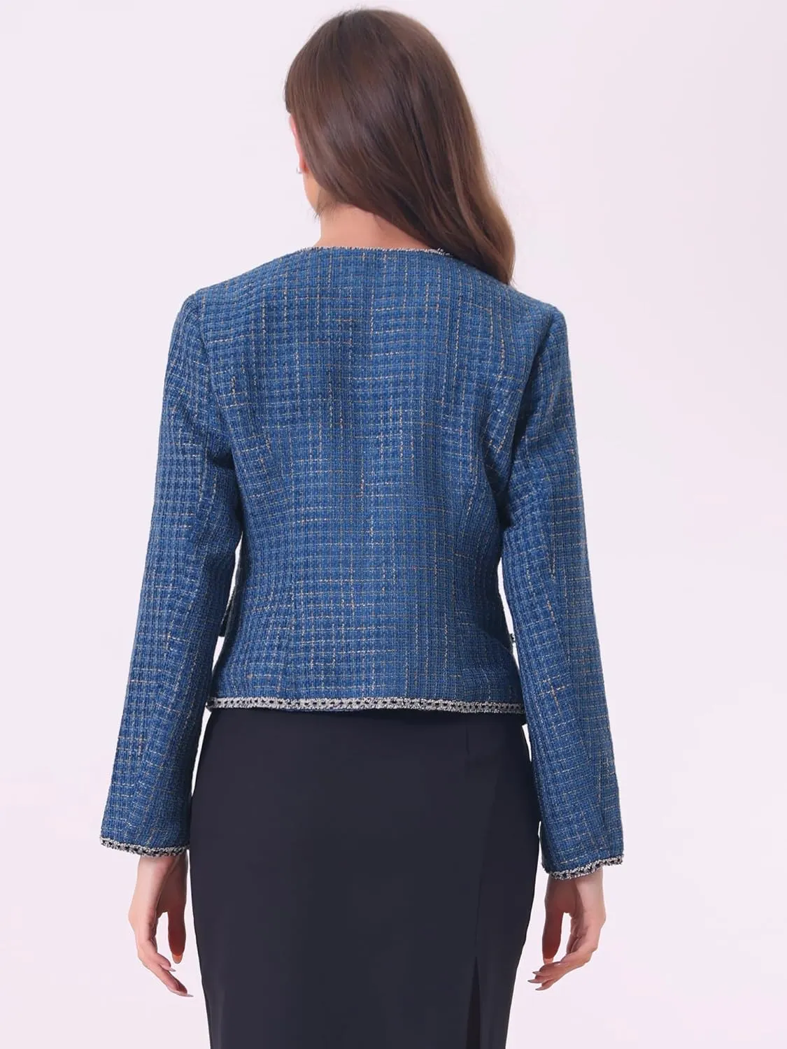 Allegra K Women's Christmas Plaid Tweed Blazer Long Sleeve Open Front Work Office Short Jacket