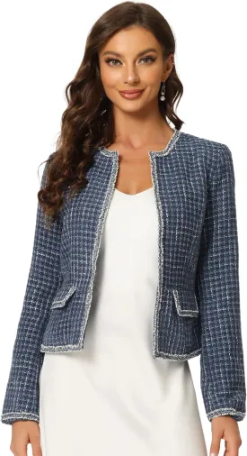 Allegra K Women's Christmas Plaid Tweed Blazer Long Sleeve Open Front Work Office Short Jacket