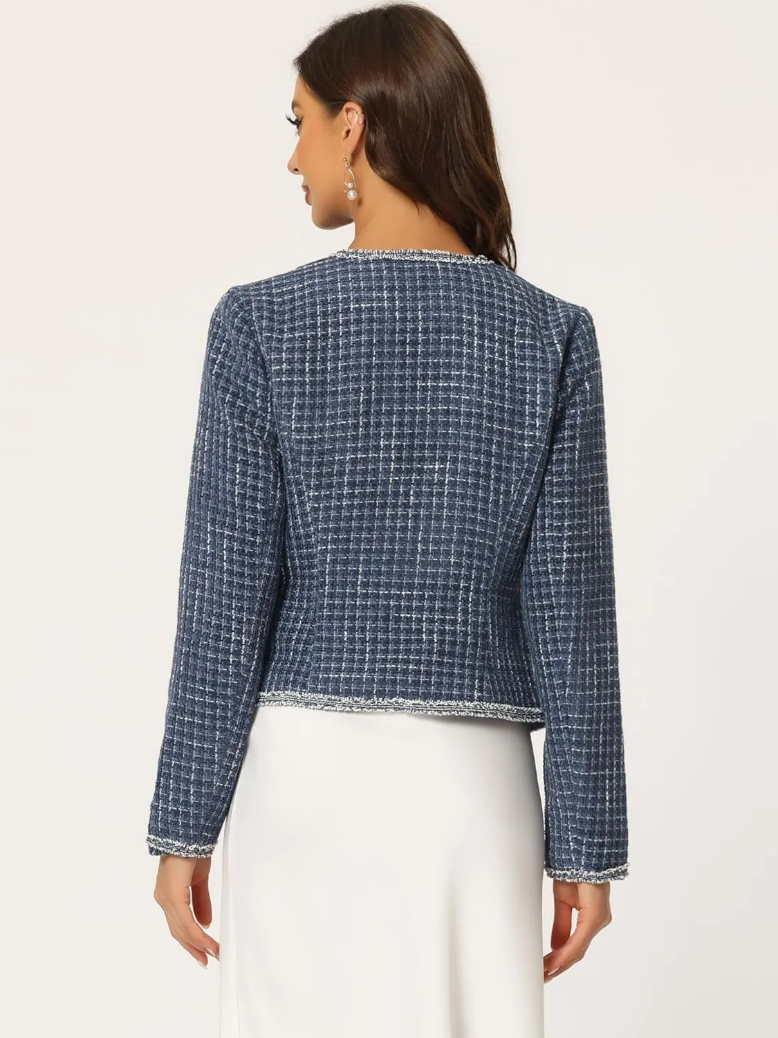Allegra K Women's Christmas Plaid Tweed Blazer Long Sleeve Open Front Work Office Short Jacket