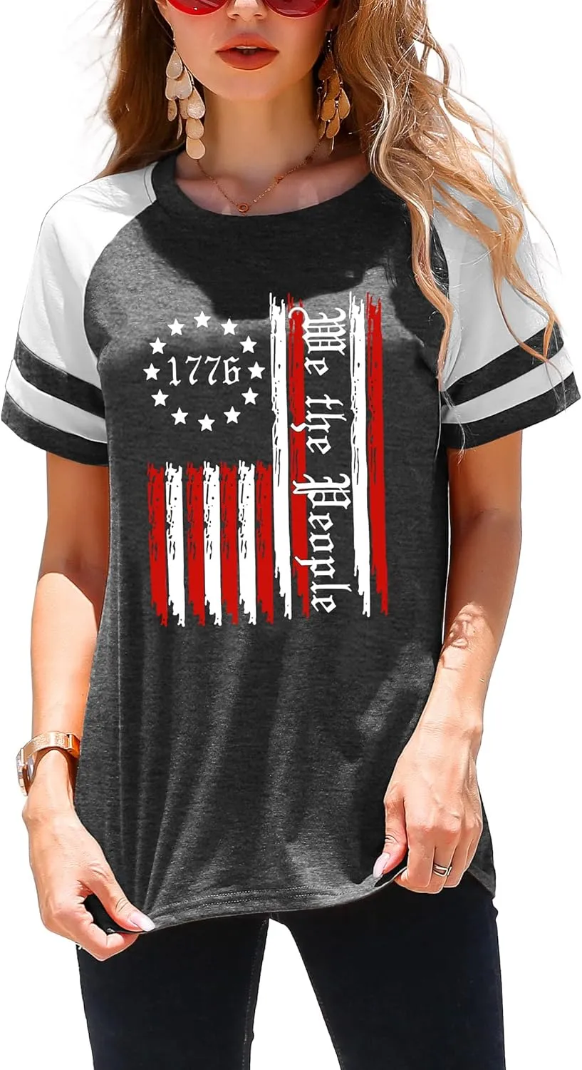 American Flag Shirt Women 4th of July Shirts USA Flag Graphic Patriotic Tshirt Raglan Color Block Tops