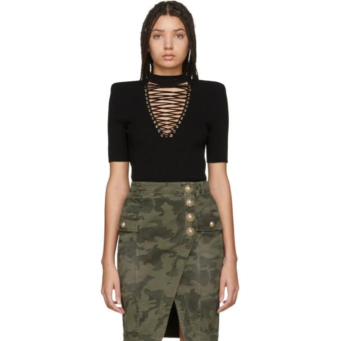 Balmain Black Lace-Up Sweater