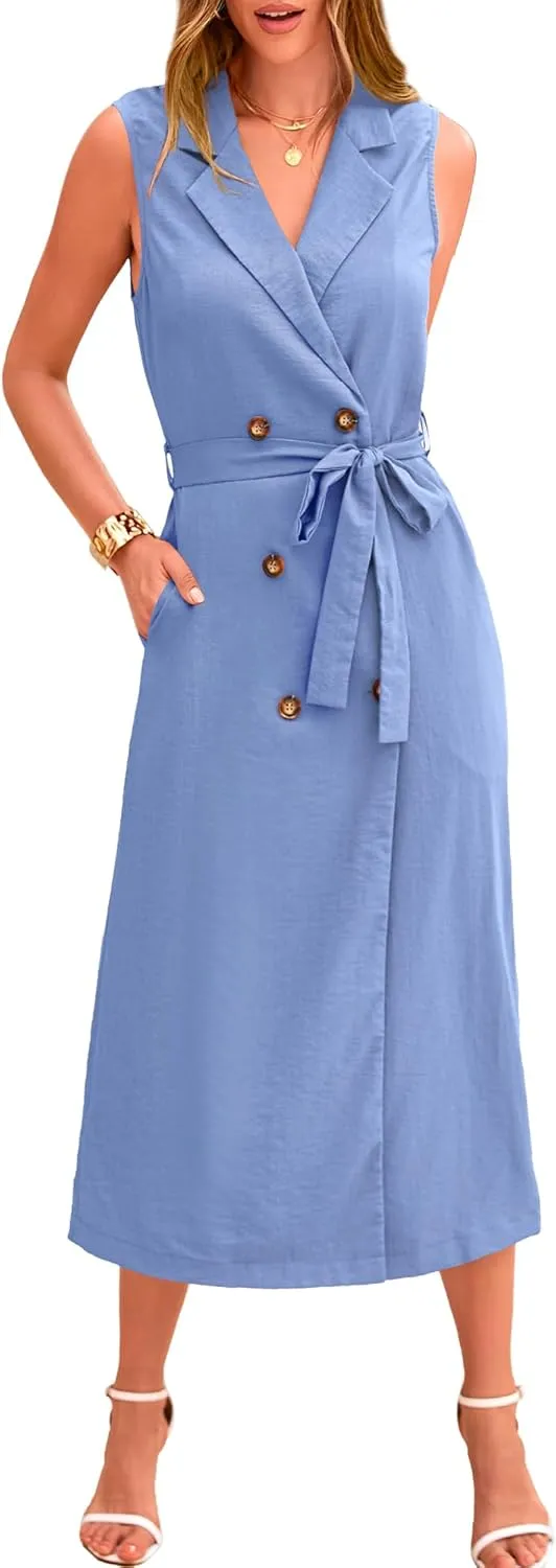 BTFBM Casual Business Dress 2024 Summer Work Office Lapel V Neck Slit Belted Sleeveless Button Down Dresses with Pockets