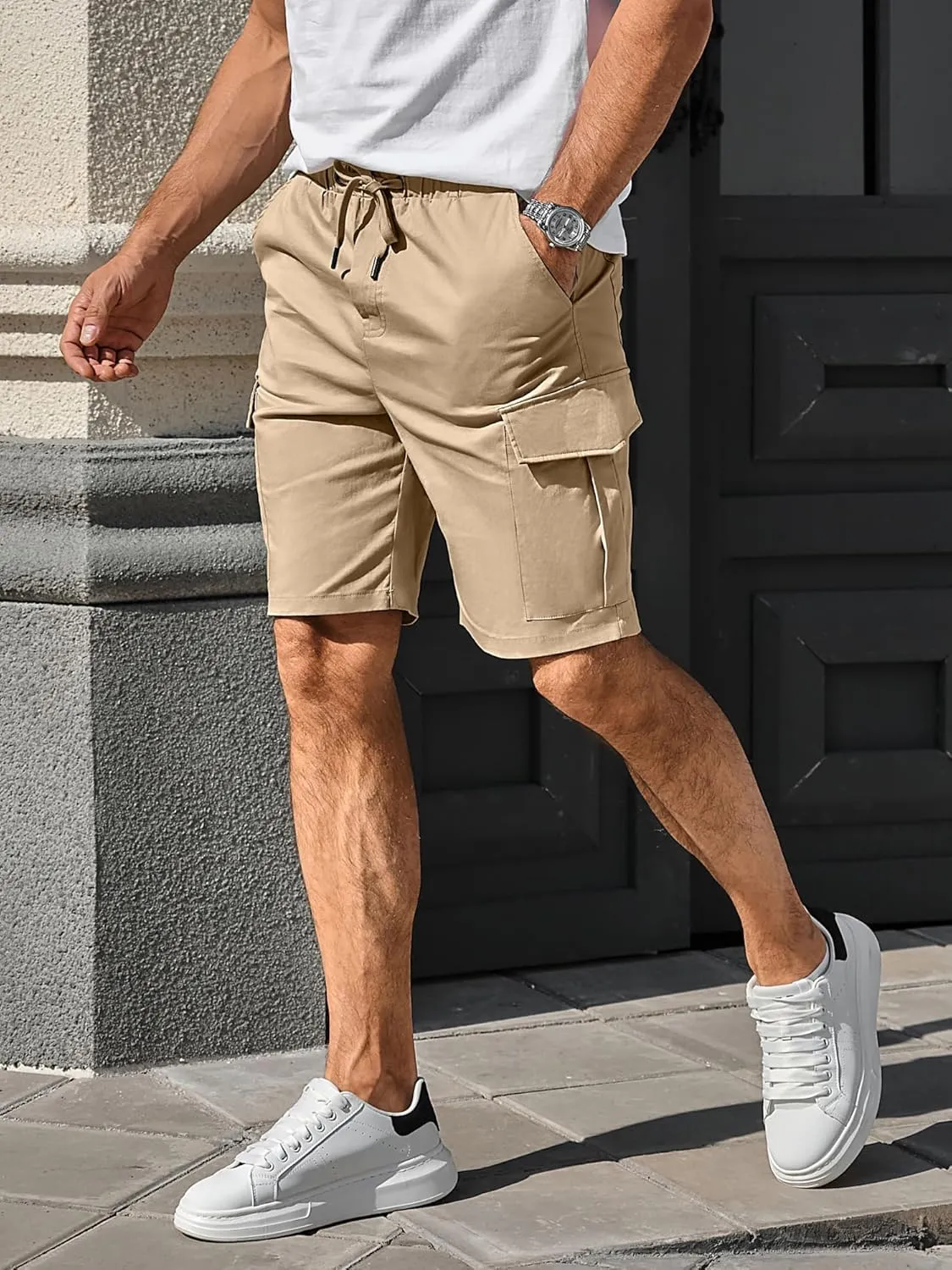 Comdecevis Mens Casual Cargo Shorts Cotton Drawstring Classic Cargo Stretch Short with 6 Pockets