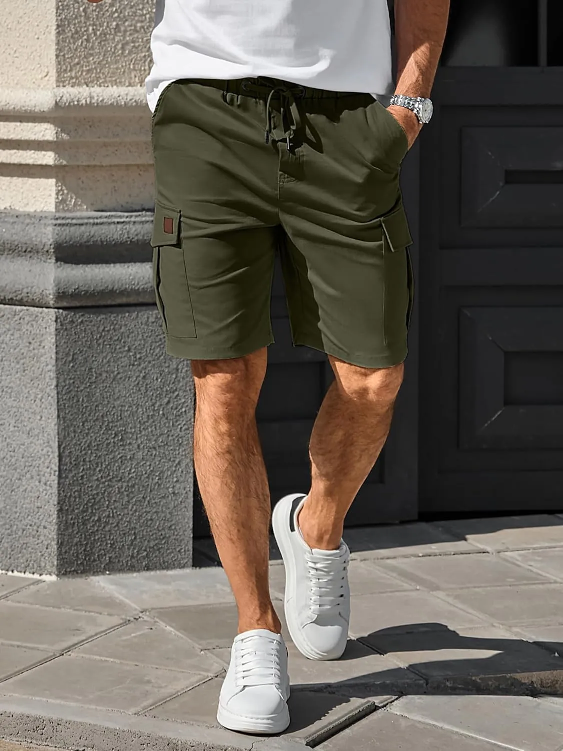Comdecevis Mens Casual Cargo Shorts Cotton Drawstring Classic Cargo Stretch Short with 6 Pockets