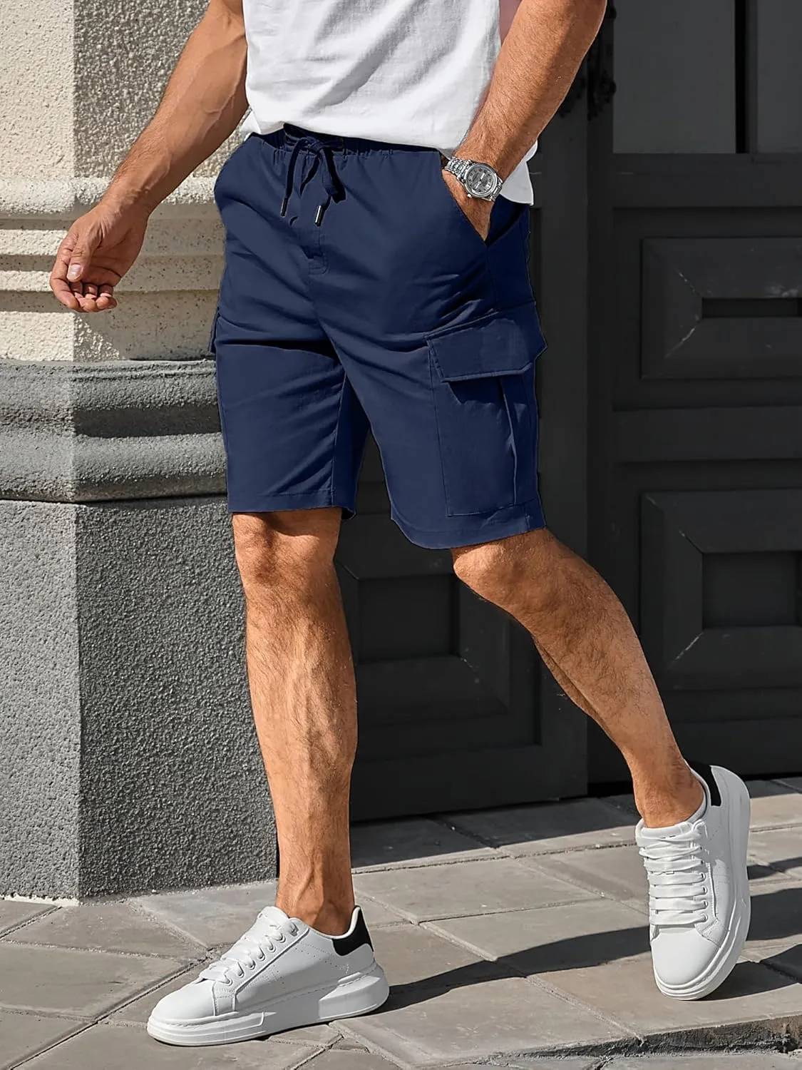 Comdecevis Mens Casual Cargo Shorts Cotton Drawstring Classic Cargo Stretch Short with 6 Pockets