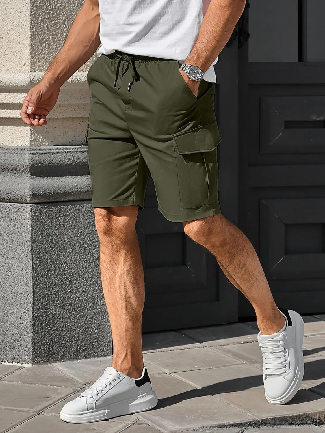 Comdecevis Mens Casual Cargo Shorts Cotton Drawstring Classic Cargo Stretch Short with 6 Pockets