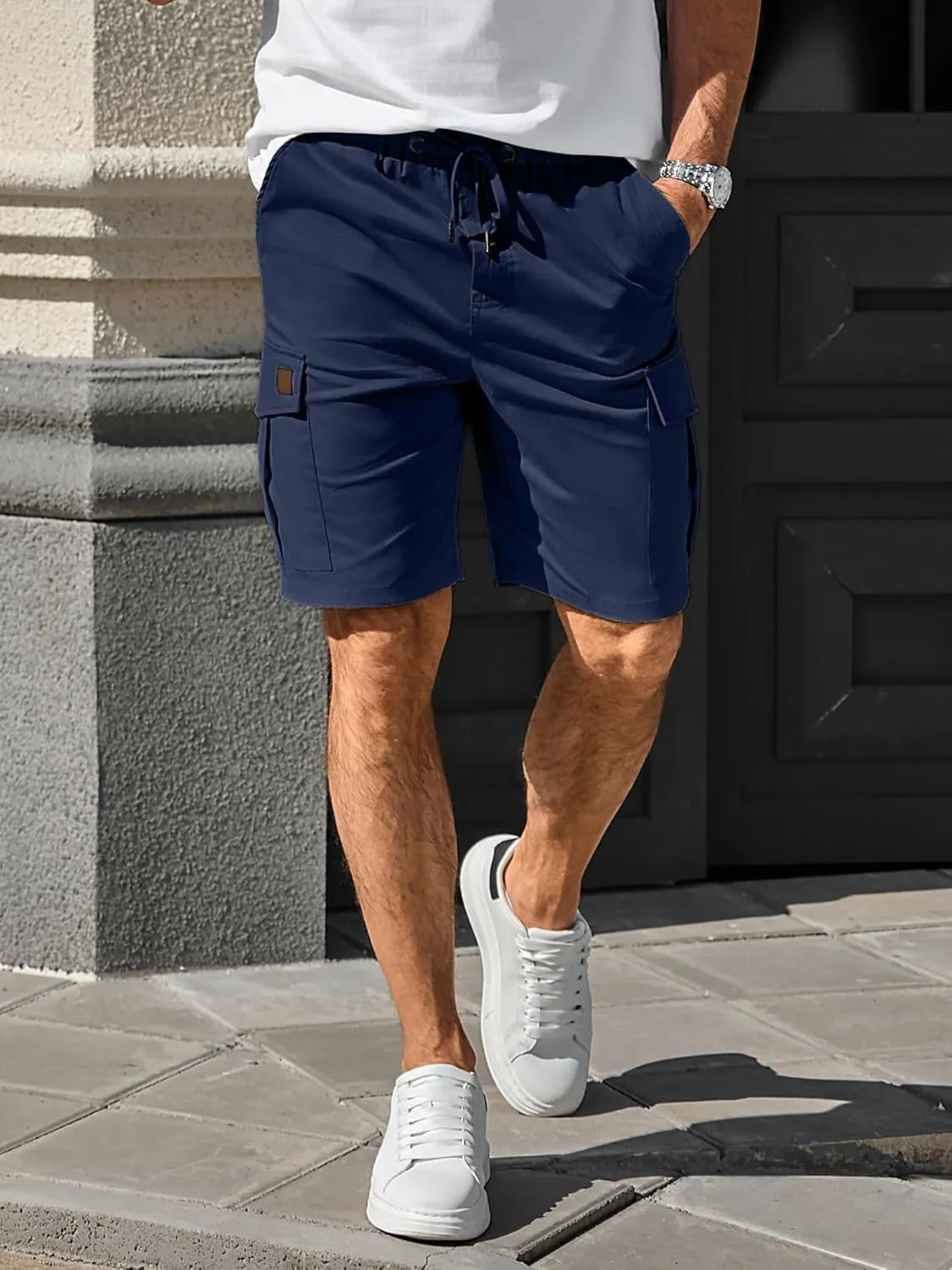 Comdecevis Mens Casual Cargo Shorts Cotton Drawstring Classic Cargo Stretch Short with 6 Pockets