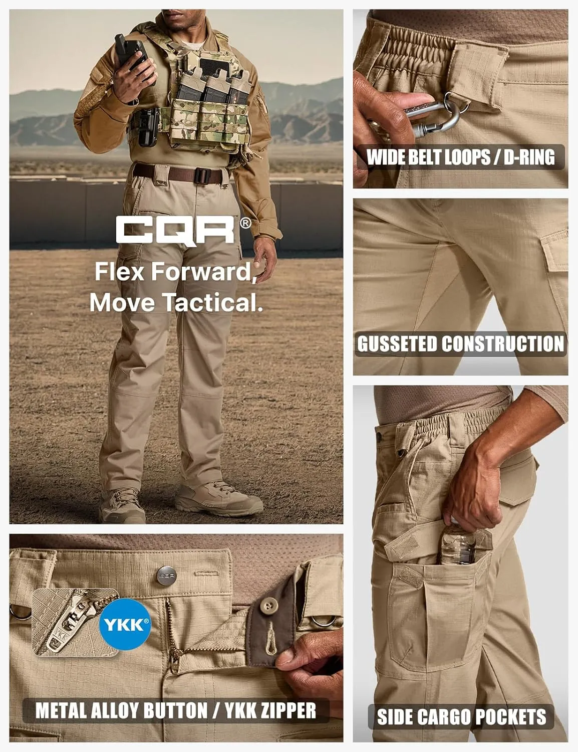 CQR Men's Flex Stretch Tactical Pants, Water Resistant Ripstop Cargo Pants, Lightweight EDC Outdoor Work Hiking Pants
