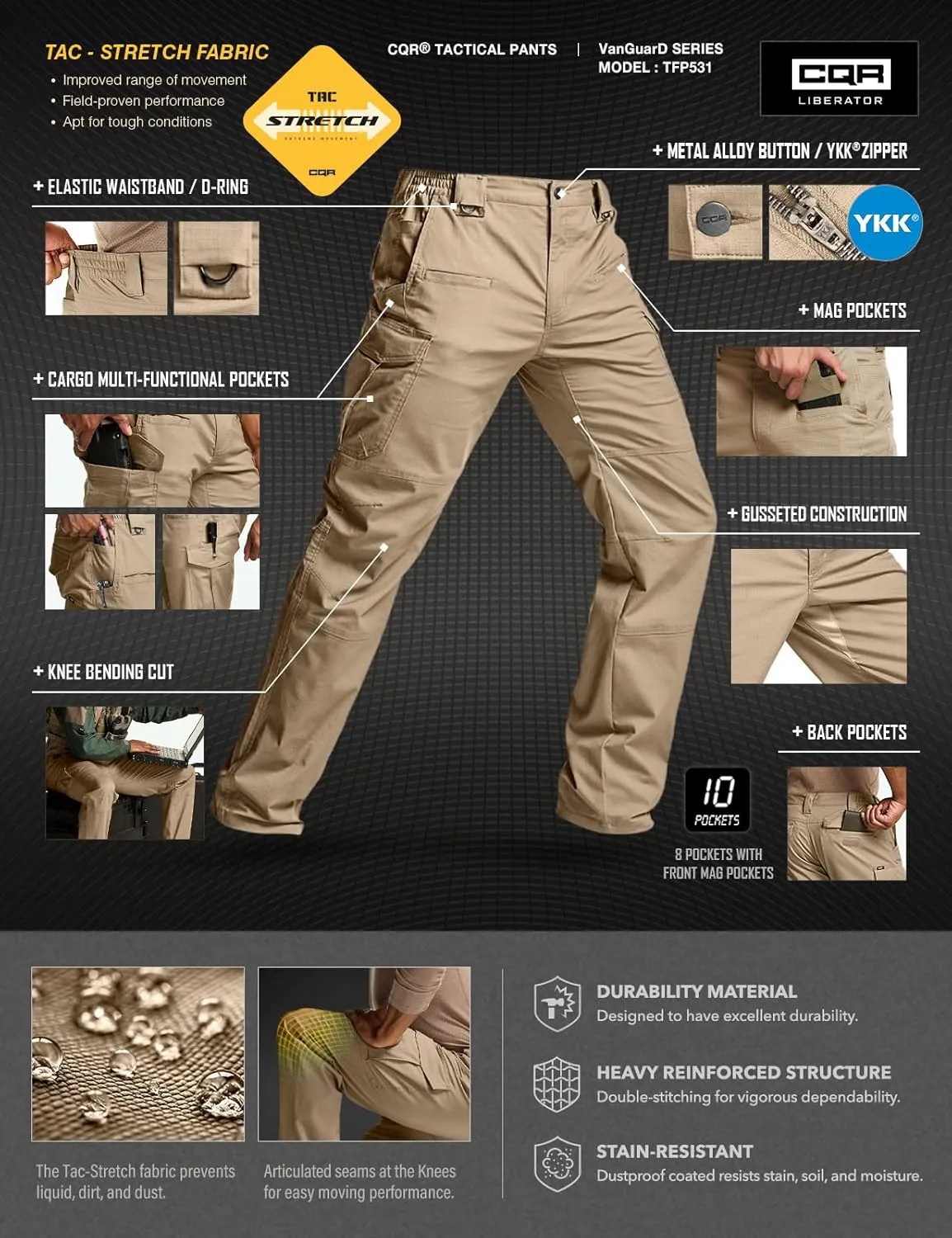 CQR Men's Flex Stretch Tactical Pants, Water Resistant Ripstop Cargo Pants, Lightweight EDC Outdoor Work Hiking Pants