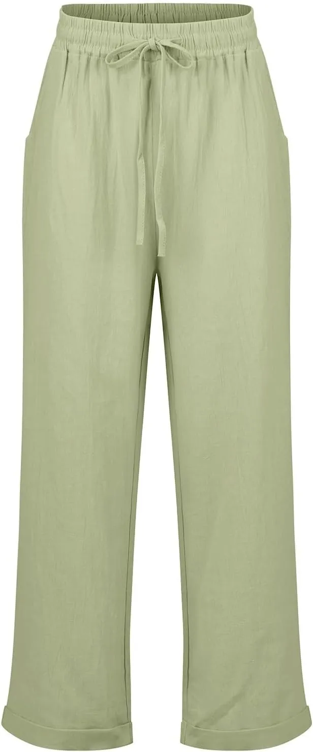 Cropped Linen Pants Women Plus Size Drawstring Elastic High Waisted Joggers Lightweight Summer Ankle Pants w/Pockets