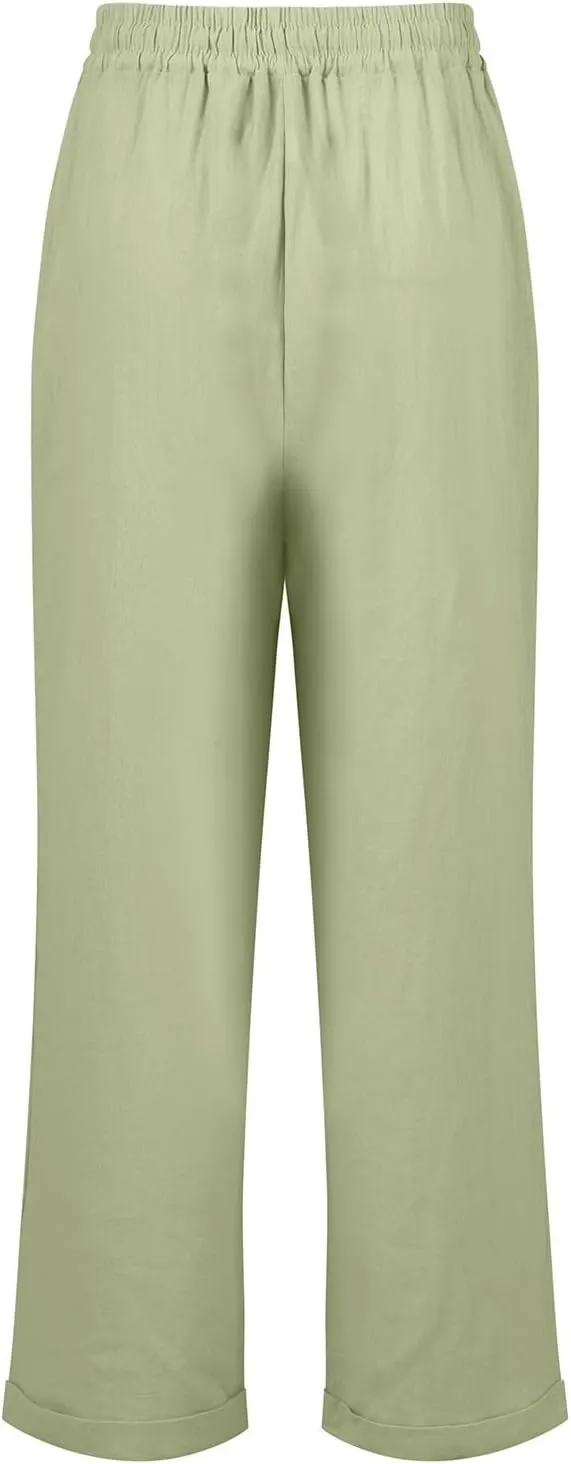 Cropped Linen Pants Women Plus Size Drawstring Elastic High Waisted Joggers Lightweight Summer Ankle Pants w/Pockets