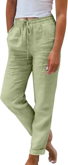 Cropped Linen Pants Women Plus Size Drawstring Elastic High Waisted Joggers Lightweight Summer Ankle Pants w/Pockets