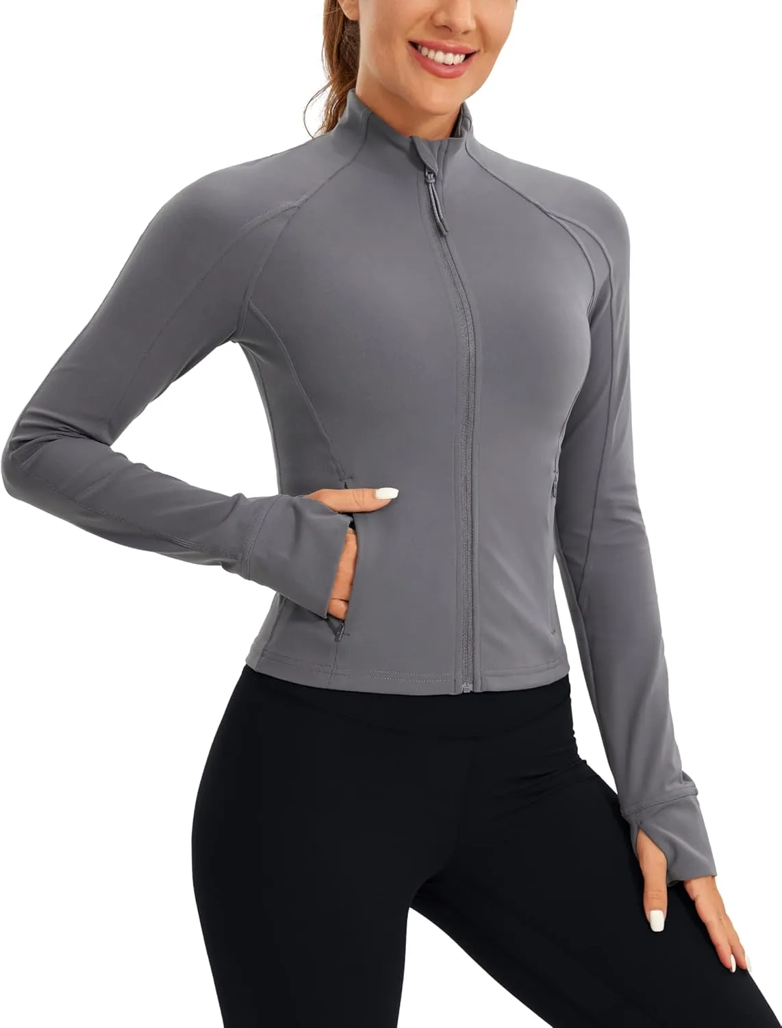 CRZ YOGA Butterluxe Womens Cropped Slim Fit Workout Jacket Weightless Track Athletic Full Zip Up Tops with Thumb Holes