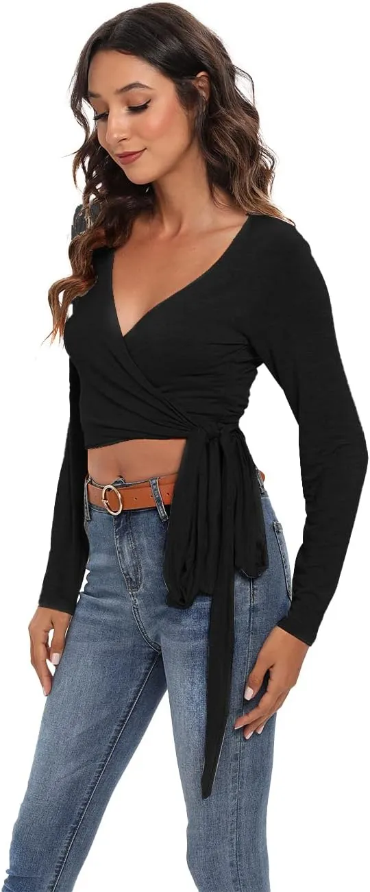 Famulily Women's Sexy Deep V Neck Bandage Surplice Wrap Crop Top