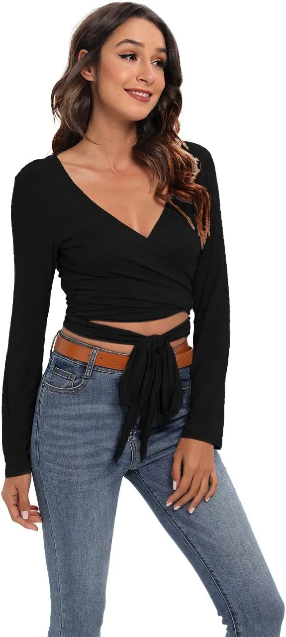 Famulily Women's Sexy Deep V Neck Bandage Surplice Wrap Crop Top