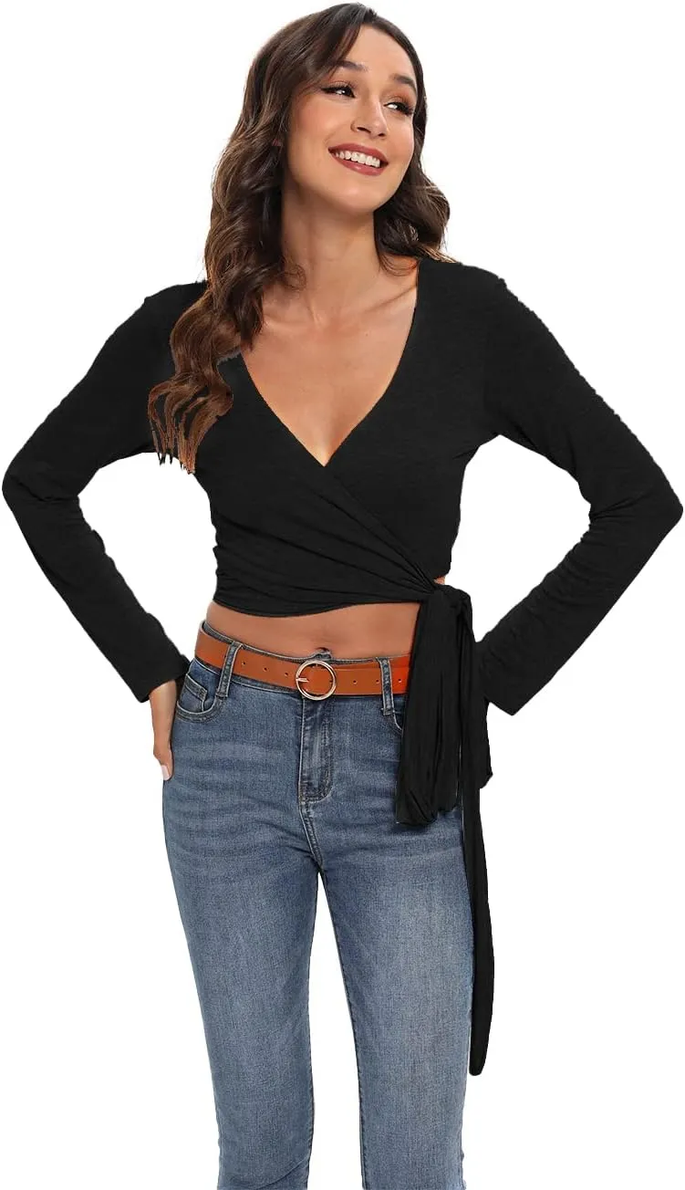 Famulily Women's Sexy Deep V Neck Bandage Surplice Wrap Crop Top