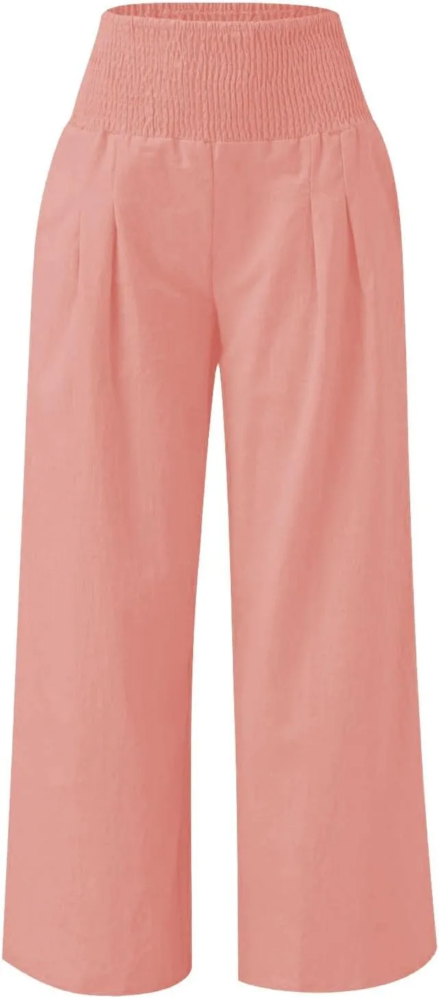 Girls Summer Cotton Linen Wide Leg Pants Drawstring High Waist Palazzo Flowy Beach Trousers with Pockets