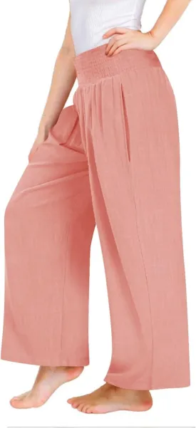 Girls Summer Cotton Linen Wide Leg Pants Drawstring High Waist Palazzo Flowy Beach Trousers with Pockets