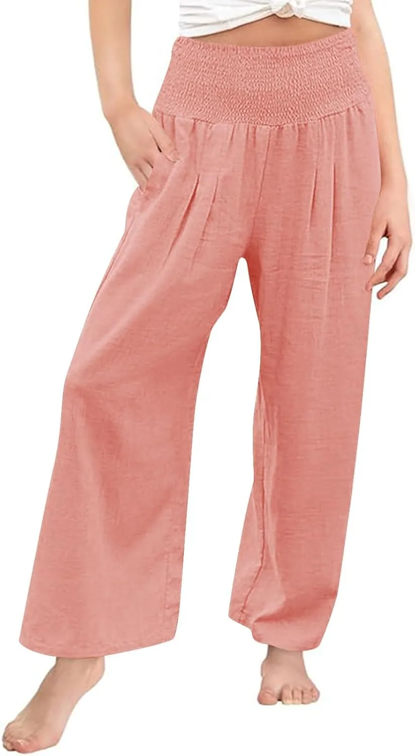 Girls Summer Cotton Linen Wide Leg Pants Drawstring High Waist Palazzo Flowy Beach Trousers with Pockets