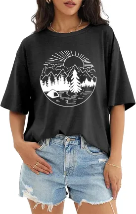 Hawaiian Shirts for Women Oversized Graphic Tees Summer Vacation Baggy T Shirts Casual Hiking Mountain Camping Tee Tops