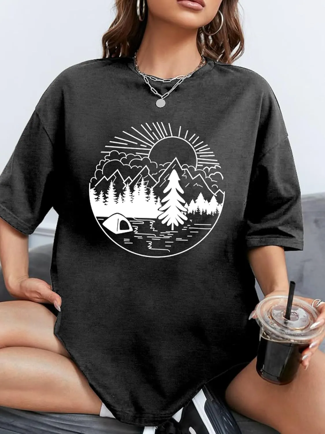 Hawaiian Shirts for Women Oversized Graphic Tees Summer Vacation Baggy T Shirts Casual Hiking Mountain Camping Tee Tops