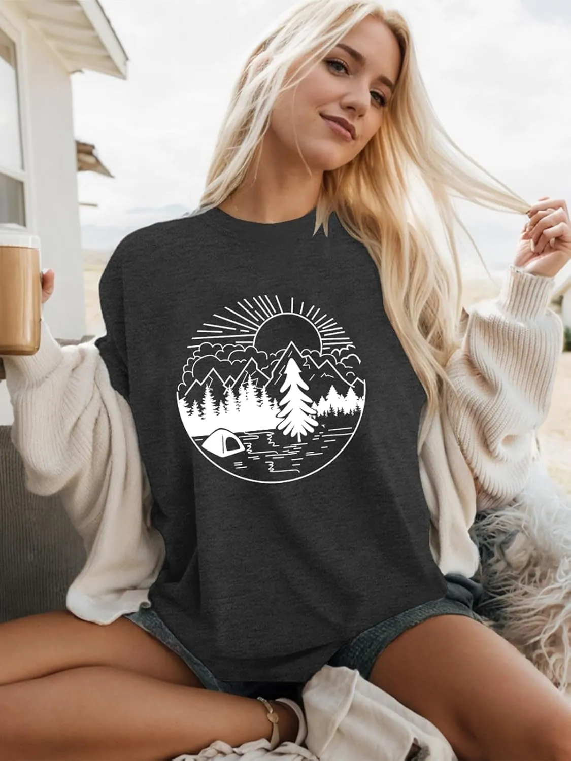 Hawaiian Shirts for Women Oversized Graphic Tees Summer Vacation Baggy T Shirts Casual Hiking Mountain Camping Tee Tops