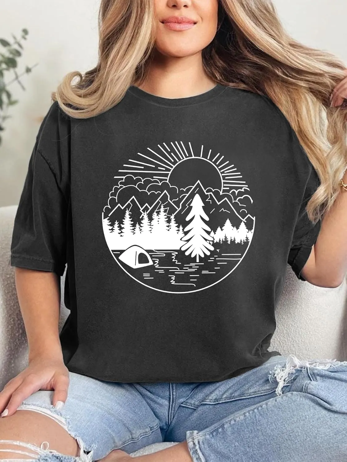 Hawaiian Shirts for Women Oversized Graphic Tees Summer Vacation Baggy T Shirts Casual Hiking Mountain Camping Tee Tops