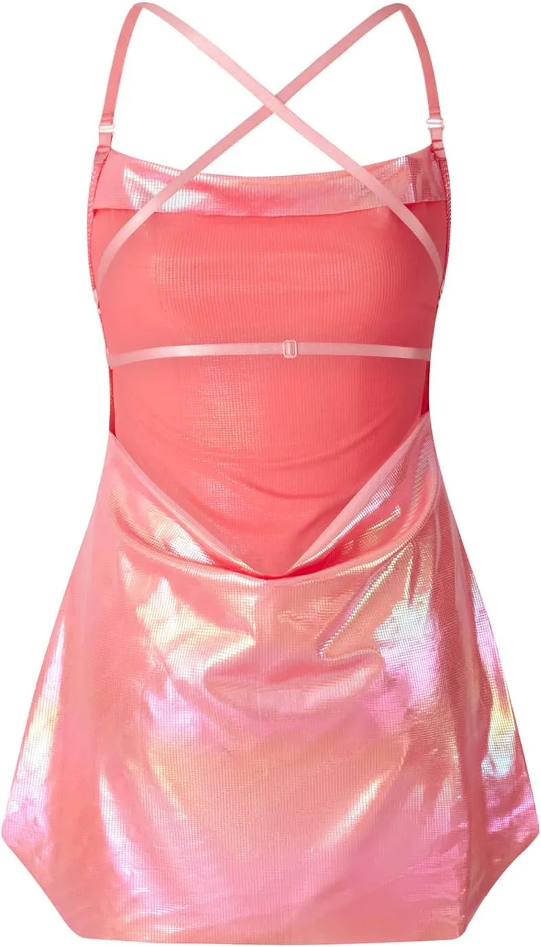 HengShunRui Women Shiny Backless Slip Dress Spaghetti Strap Party Dresses