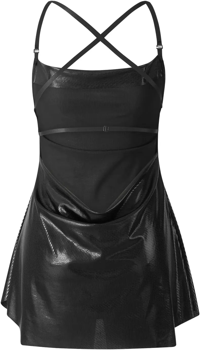 HengShunRui Women Shiny Backless Slip Dress Spaghetti Strap Party Dresses