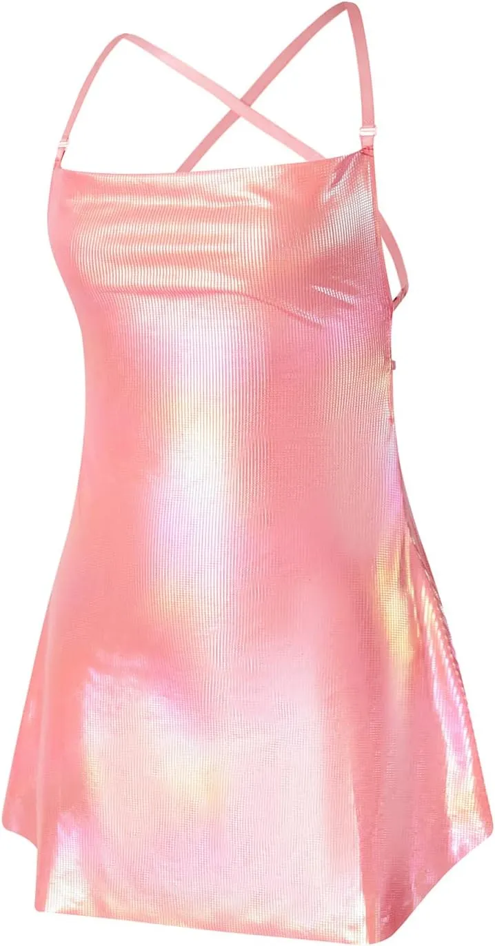 HengShunRui Women Shiny Backless Slip Dress Spaghetti Strap Party Dresses
