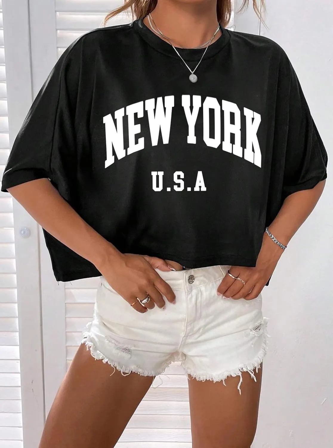 Hilinker Womens Oversized Graphic Tee Batwing Short Sleeve Crop Tops Summer Casual Loose T Shirts