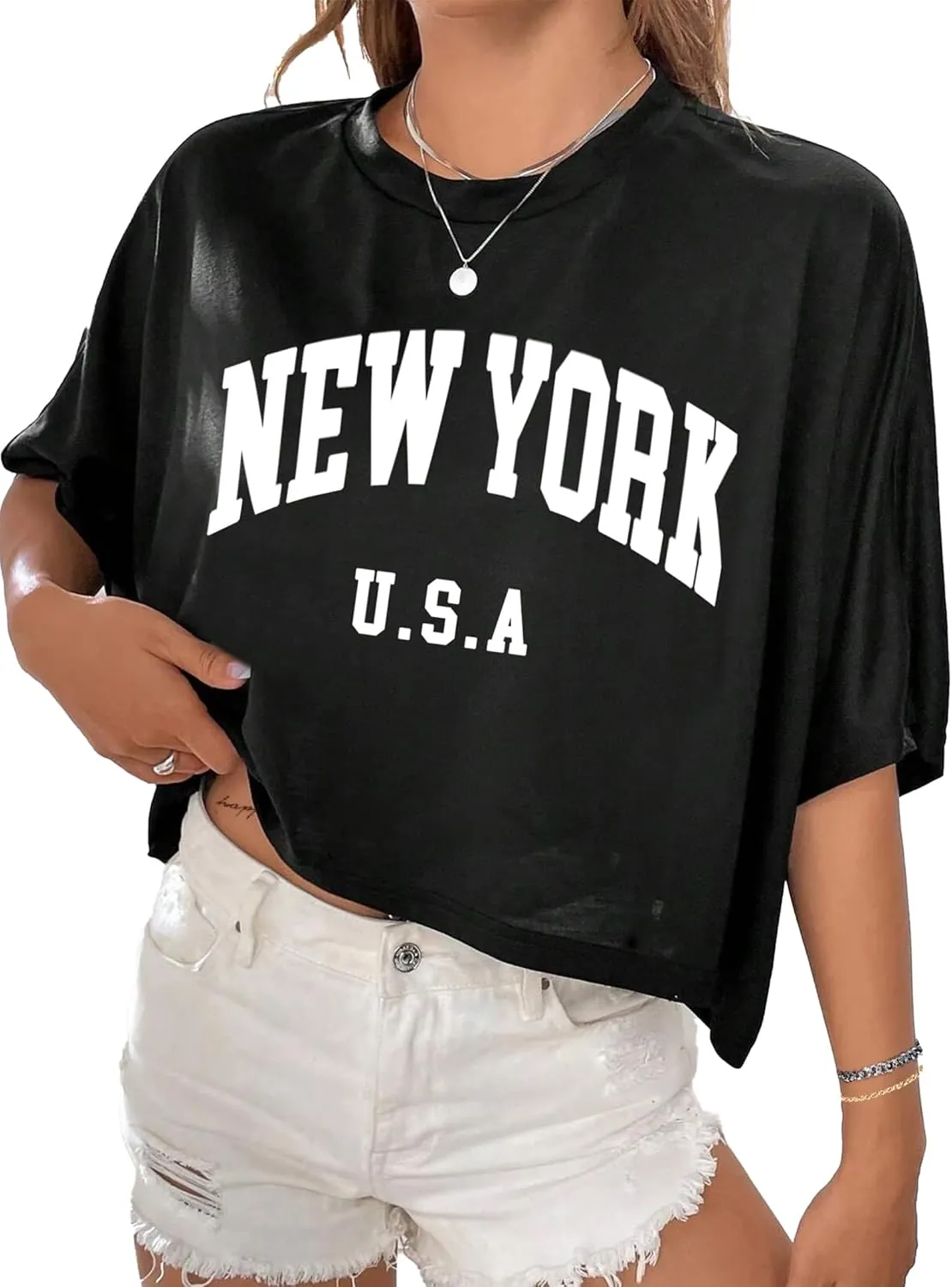 Hilinker Womens Oversized Graphic Tee Batwing Short Sleeve Crop Tops Summer Casual Loose T Shirts