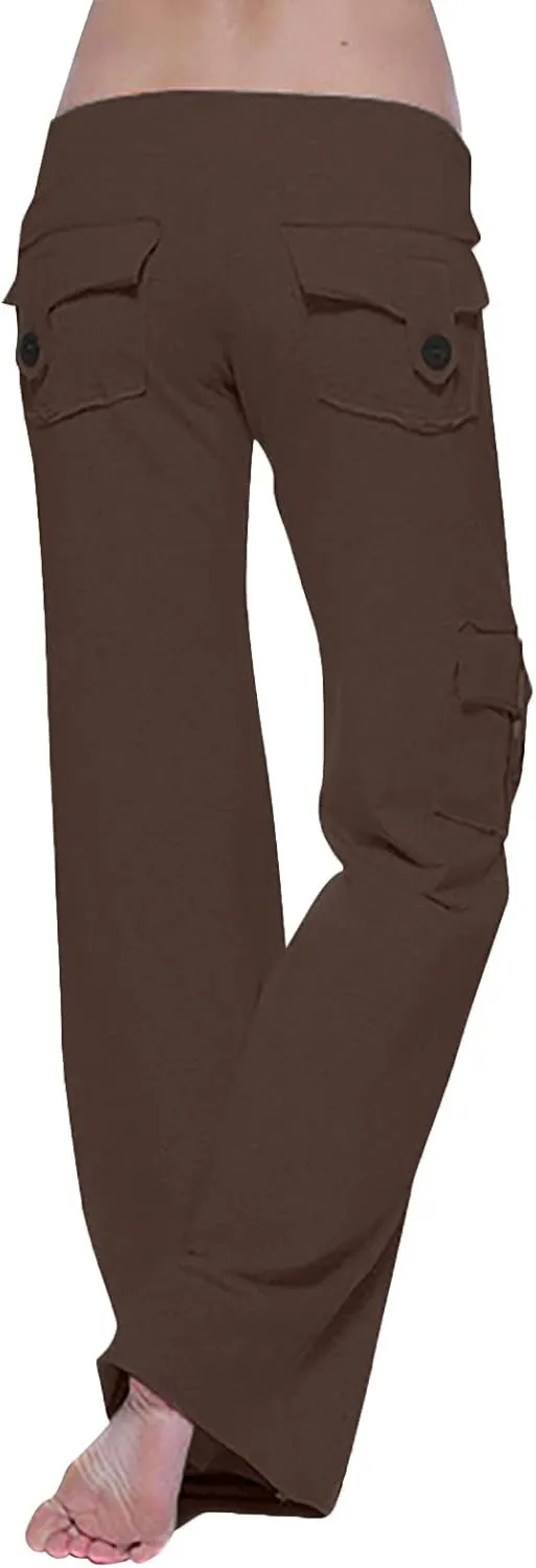 hlysgo Wide Leg Cargo Pants for Women 2025 High Waisted Yoga Leggings with Pockets Plus Size Drawstring Straight Leg Pants