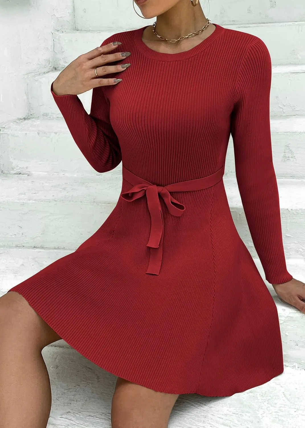 HOTOUCH Women's Fall Winter Casual Dress Crewneck Long Sleeve A-Line Sweater Dress Bodycon Ribbed Knit Dress with Belt