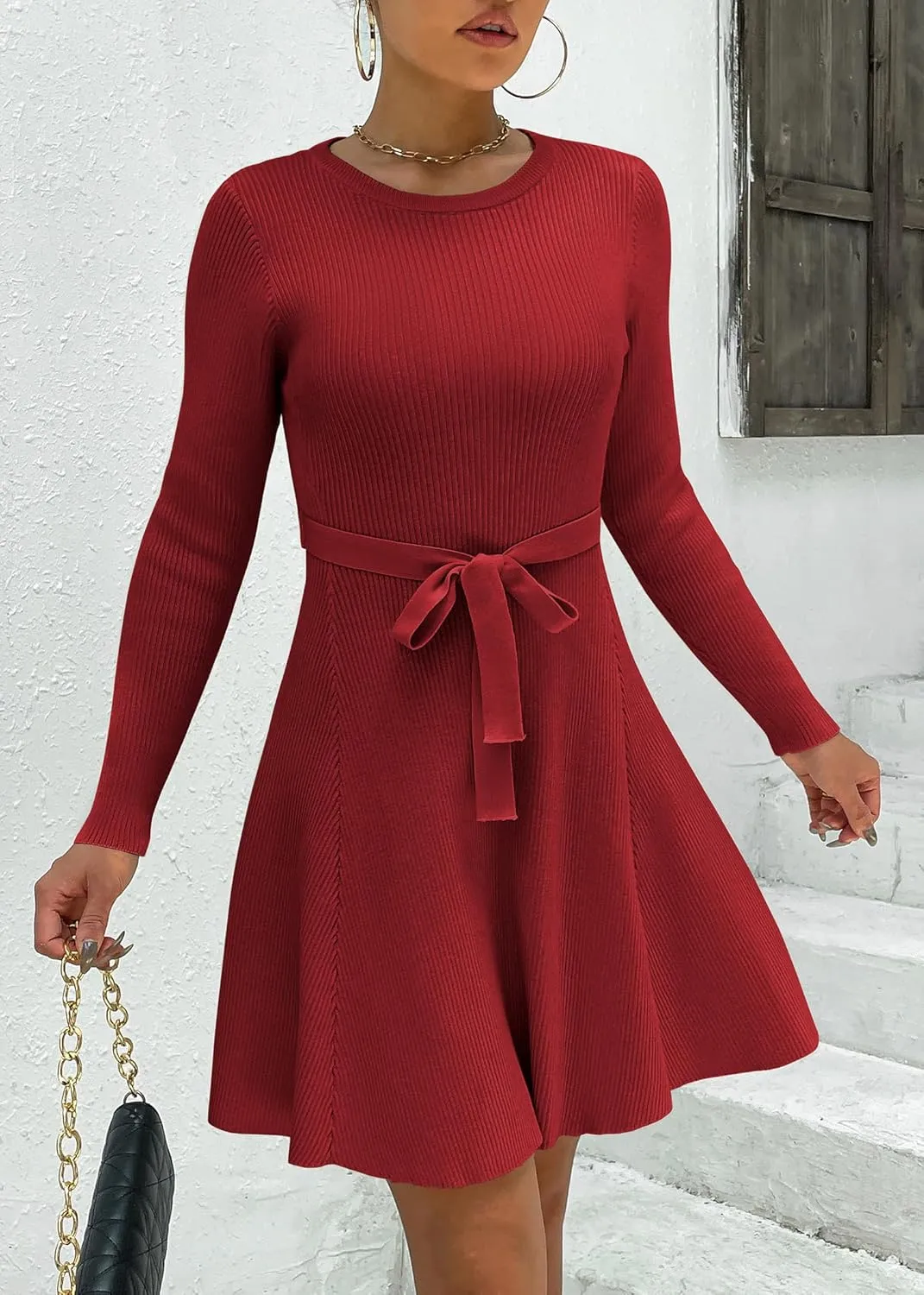 HOTOUCH Women's Fall Winter Casual Dress Crewneck Long Sleeve A-Line Sweater Dress Bodycon Ribbed Knit Dress with Belt