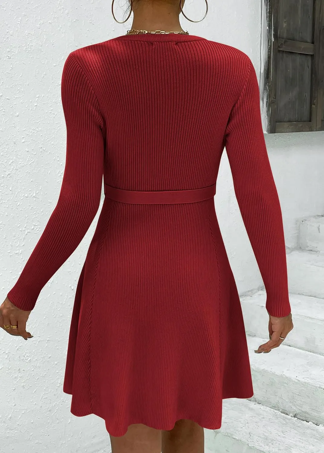 HOTOUCH Women's Fall Winter Casual Dress Crewneck Long Sleeve A-Line Sweater Dress Bodycon Ribbed Knit Dress with Belt