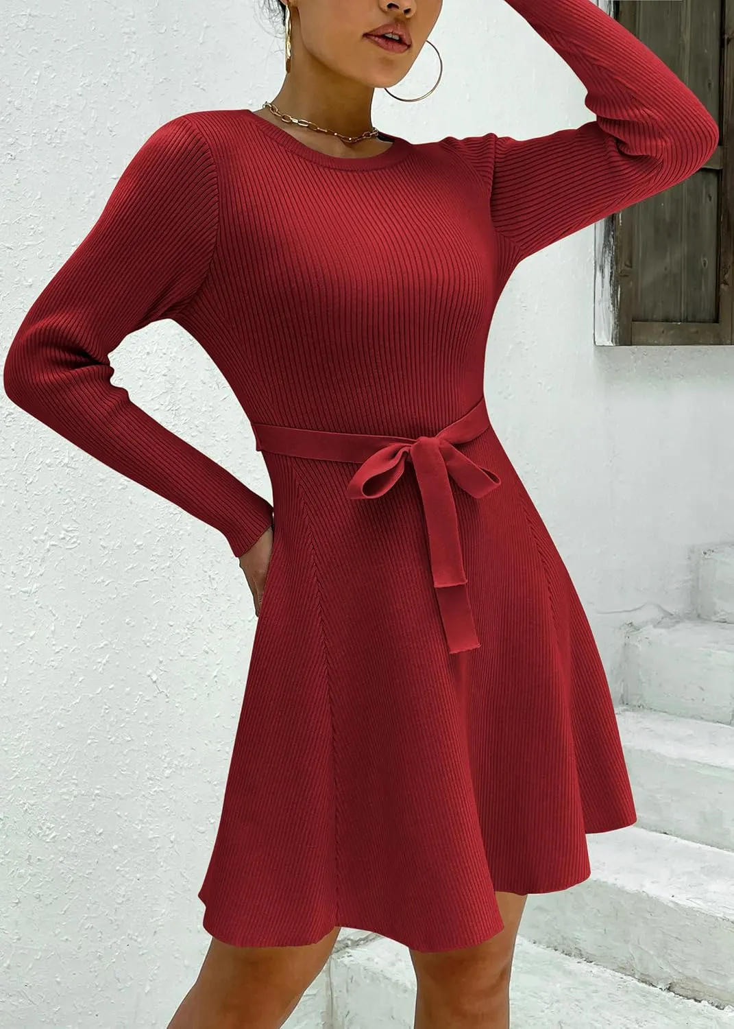HOTOUCH Women's Fall Winter Casual Dress Crewneck Long Sleeve A-Line Sweater Dress Bodycon Ribbed Knit Dress with Belt