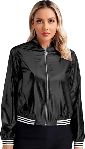 Jelory Women's Shiny Holographic Metallic Zip Front Jacket Bomber Track Jacket Glitter Top Costume
