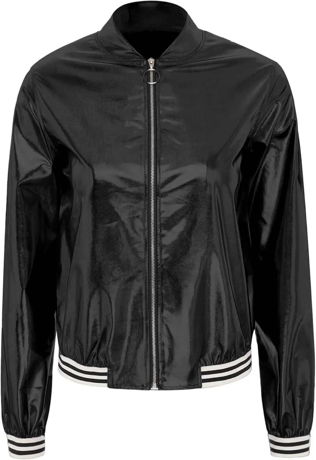 Jelory Women's Shiny Holographic Metallic Zip Front Jacket Bomber Track Jacket Glitter Top Costume