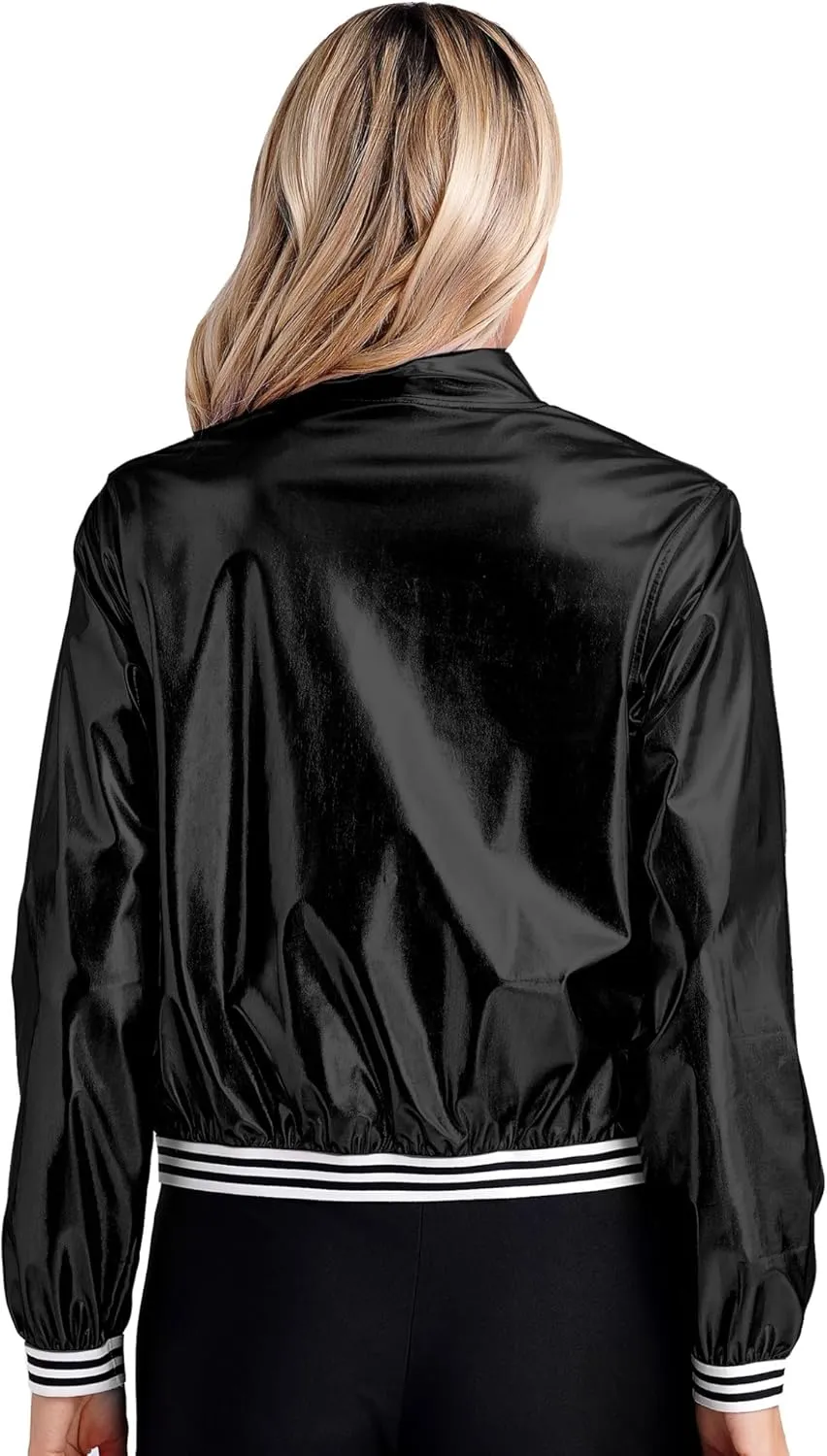 Jelory Women's Shiny Holographic Metallic Zip Front Jacket Bomber Track Jacket Glitter Top Costume