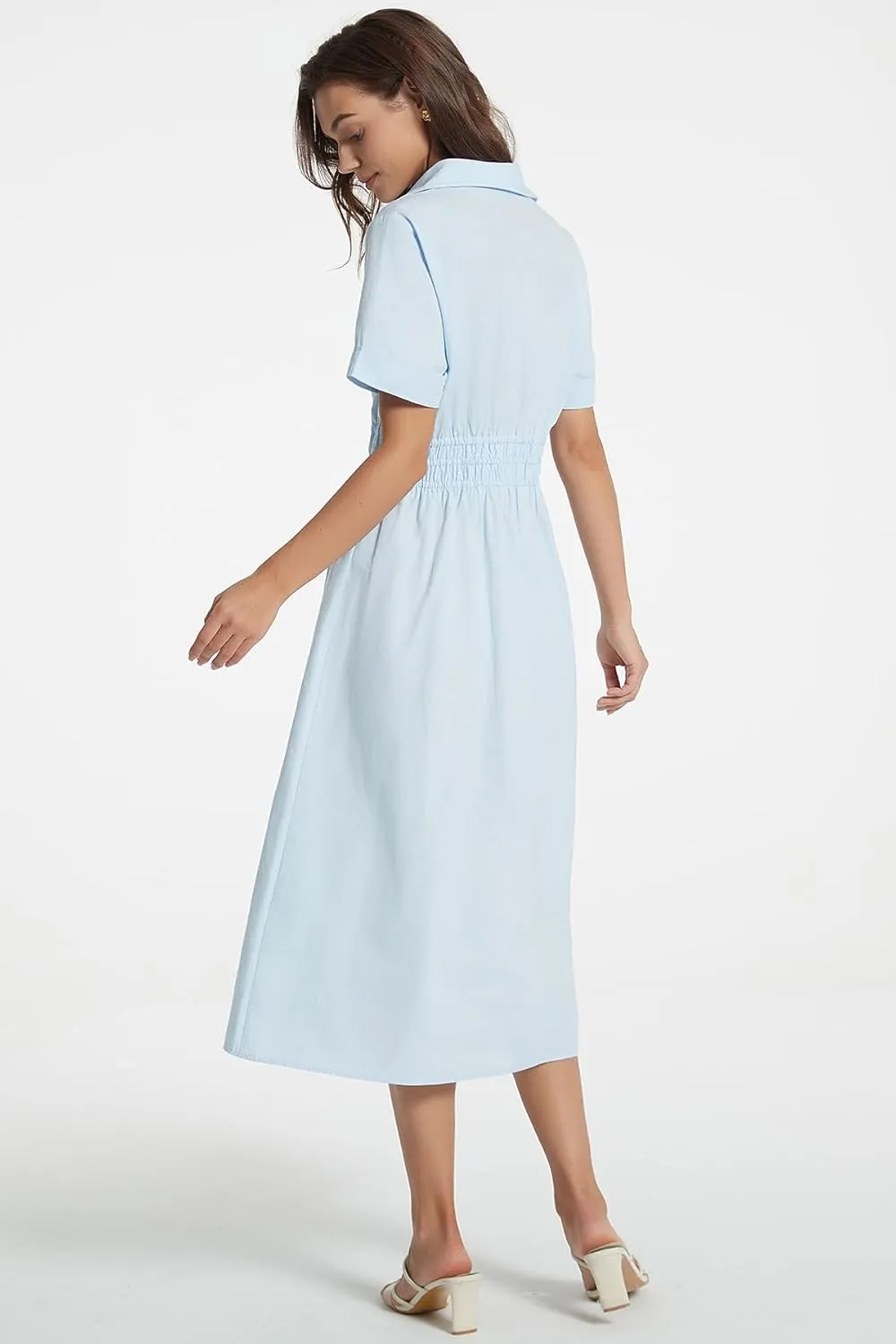 Ladyful Women Casual Button Down Short Sleeve Shirt Dress Tie Waist Midi Shirt Dress Elegant Business Party