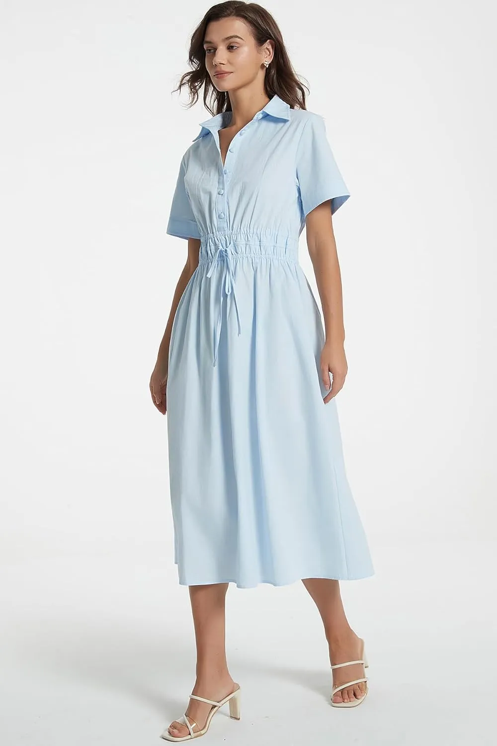 Ladyful Women Casual Button Down Short Sleeve Shirt Dress Tie Waist Midi Shirt Dress Elegant Business Party