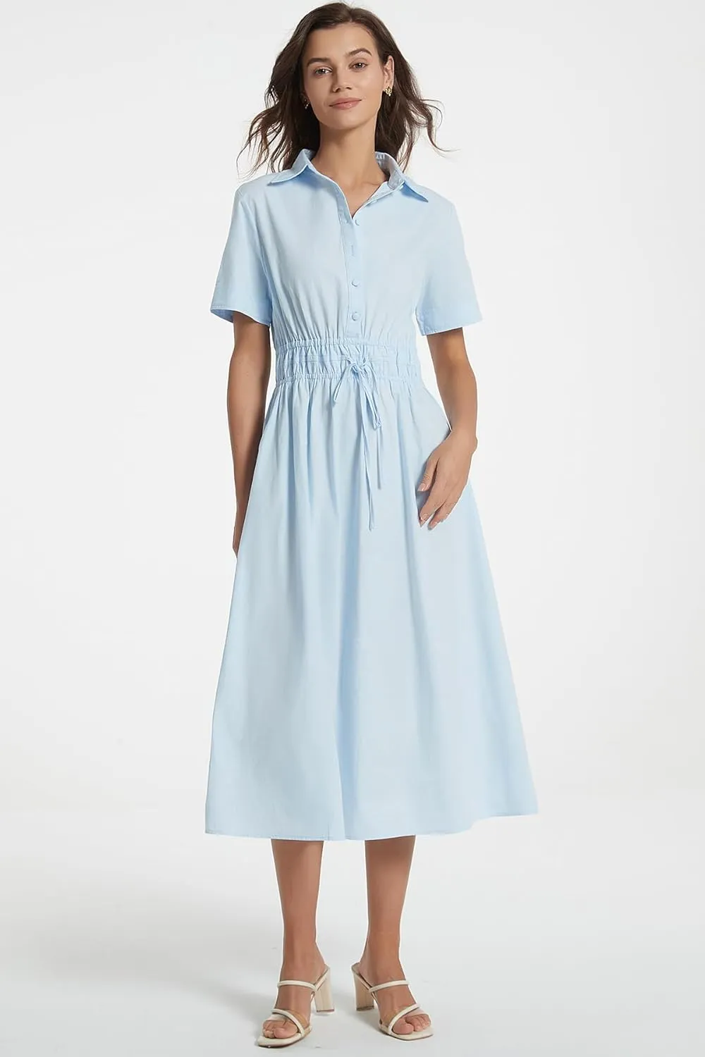 Ladyful Women Casual Button Down Short Sleeve Shirt Dress Tie Waist Midi Shirt Dress Elegant Business Party