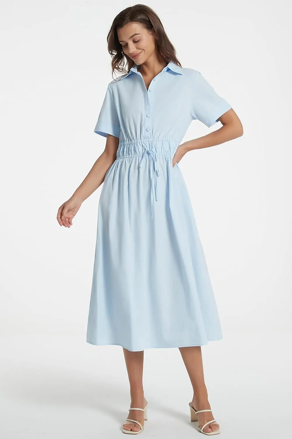 Ladyful Women Casual Button Down Short Sleeve Shirt Dress Tie Waist Midi Shirt Dress Elegant Business Party