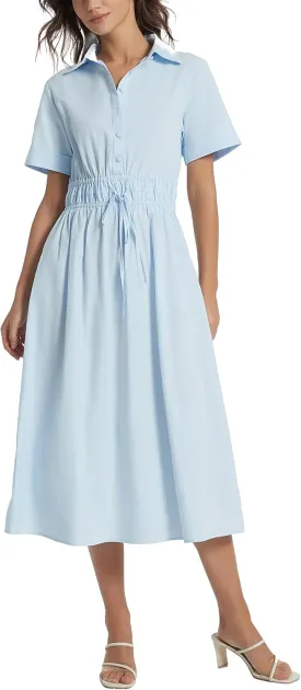 Ladyful Women Casual Button Down Short Sleeve Shirt Dress Tie Waist Midi Shirt Dress Elegant Business Party