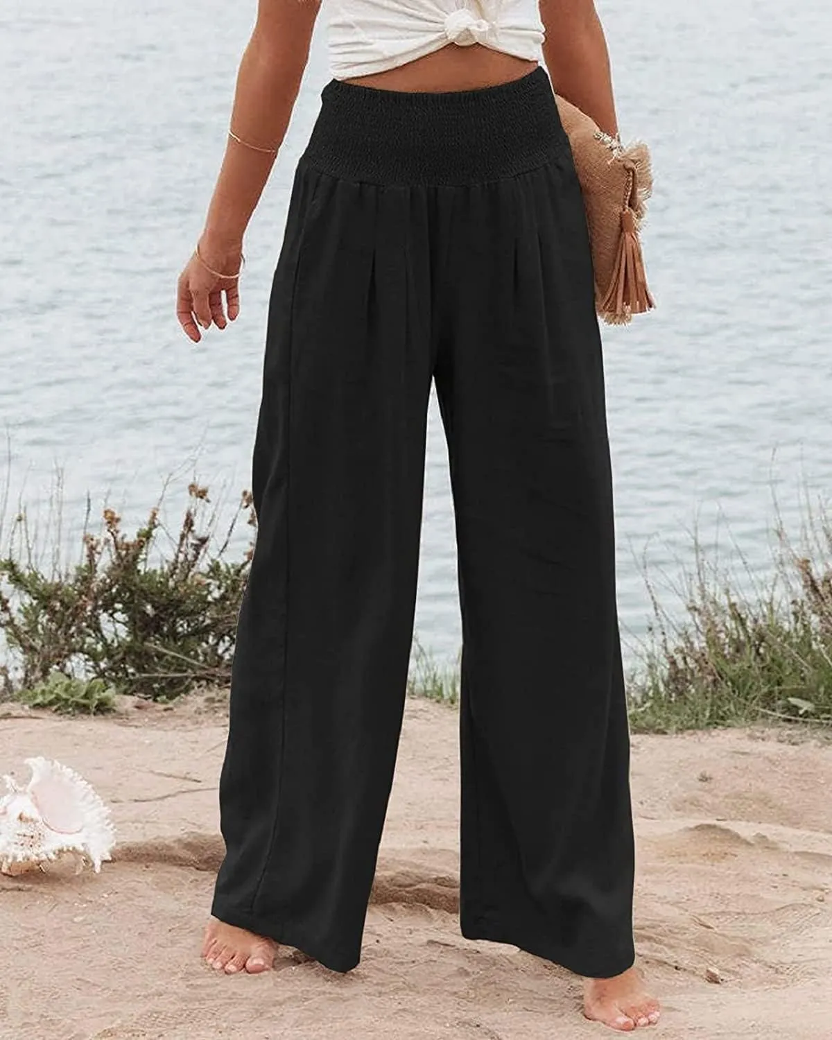 Linen Pants for Women Wide Leg Elastic High Waisted Palazzo Pants Lounge Yoga Trousers Beach Pants with Pockets