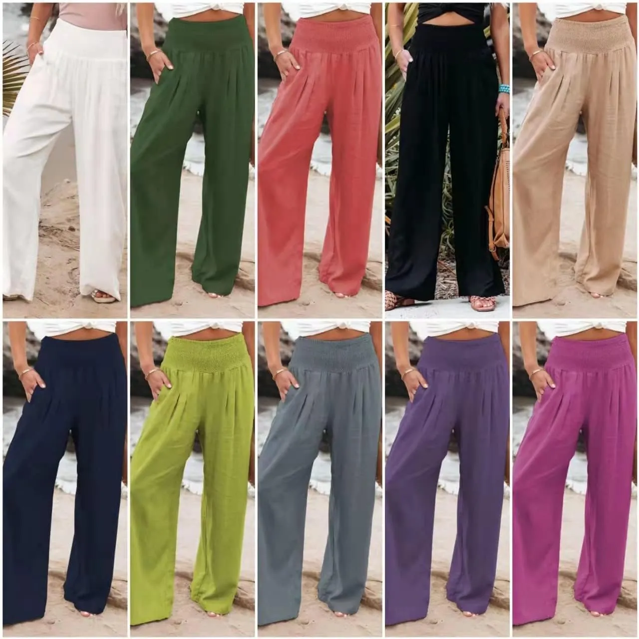 Linen Pants for Women Wide Leg Elastic High Waisted Palazzo Pants Lounge Yoga Trousers Beach Pants with Pockets